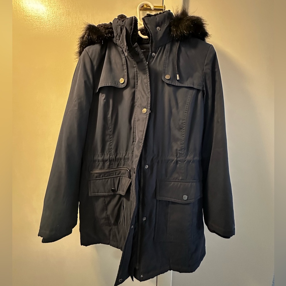 Navy Blue Coat with Fur Trim Hood